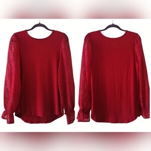 Cupio Deep Red Relaxed Sheer Long Sleeves Curved Hemline Stretch Blouse